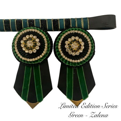 Green and black equestrian show rosette with decorative elements on a white background made by L'Equino Essentials