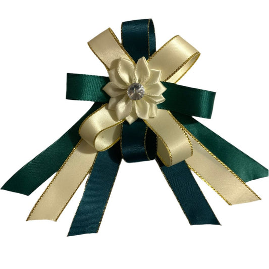 Decorative hair bow with green and white ribbons on a white background made by L'Equino Essentials