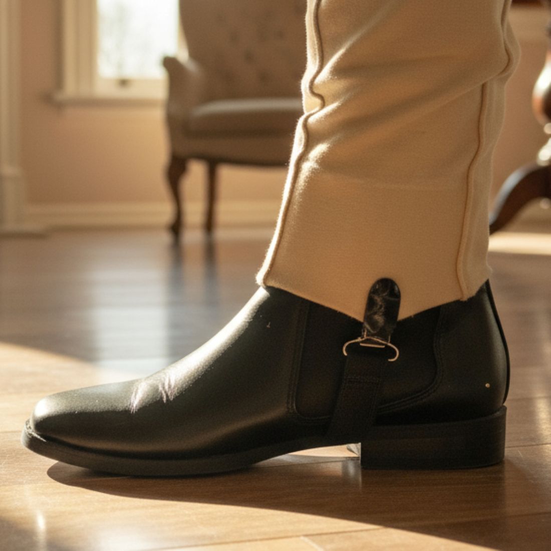 Black ridding boot and jodhpur clip on a wooden floor with a blurred background