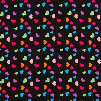 Pattern of colorful hearts on a black background