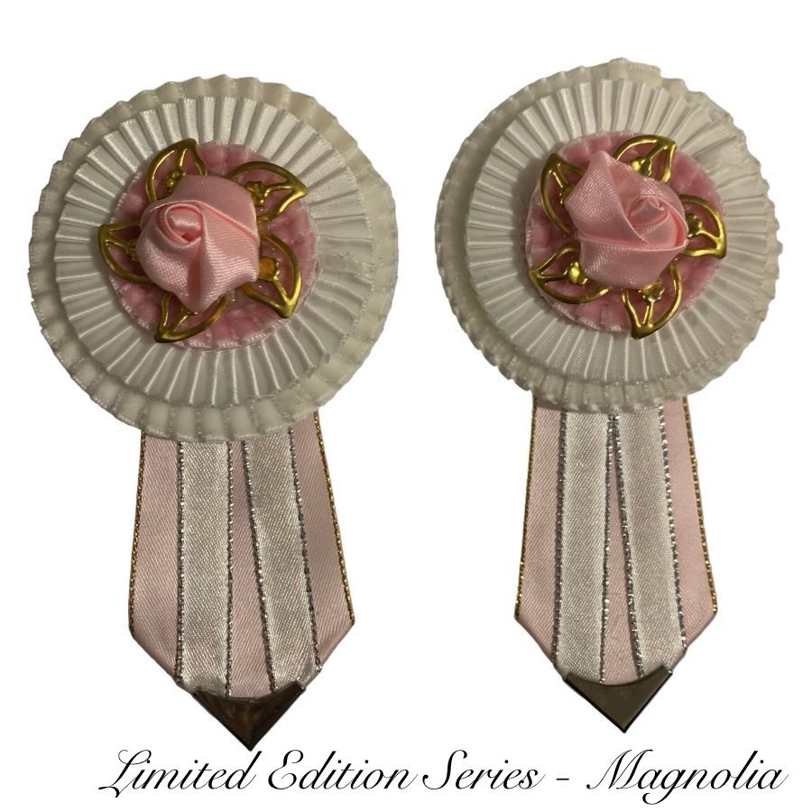 White and pale pink removable rosettes with pink flower centers on a white background
