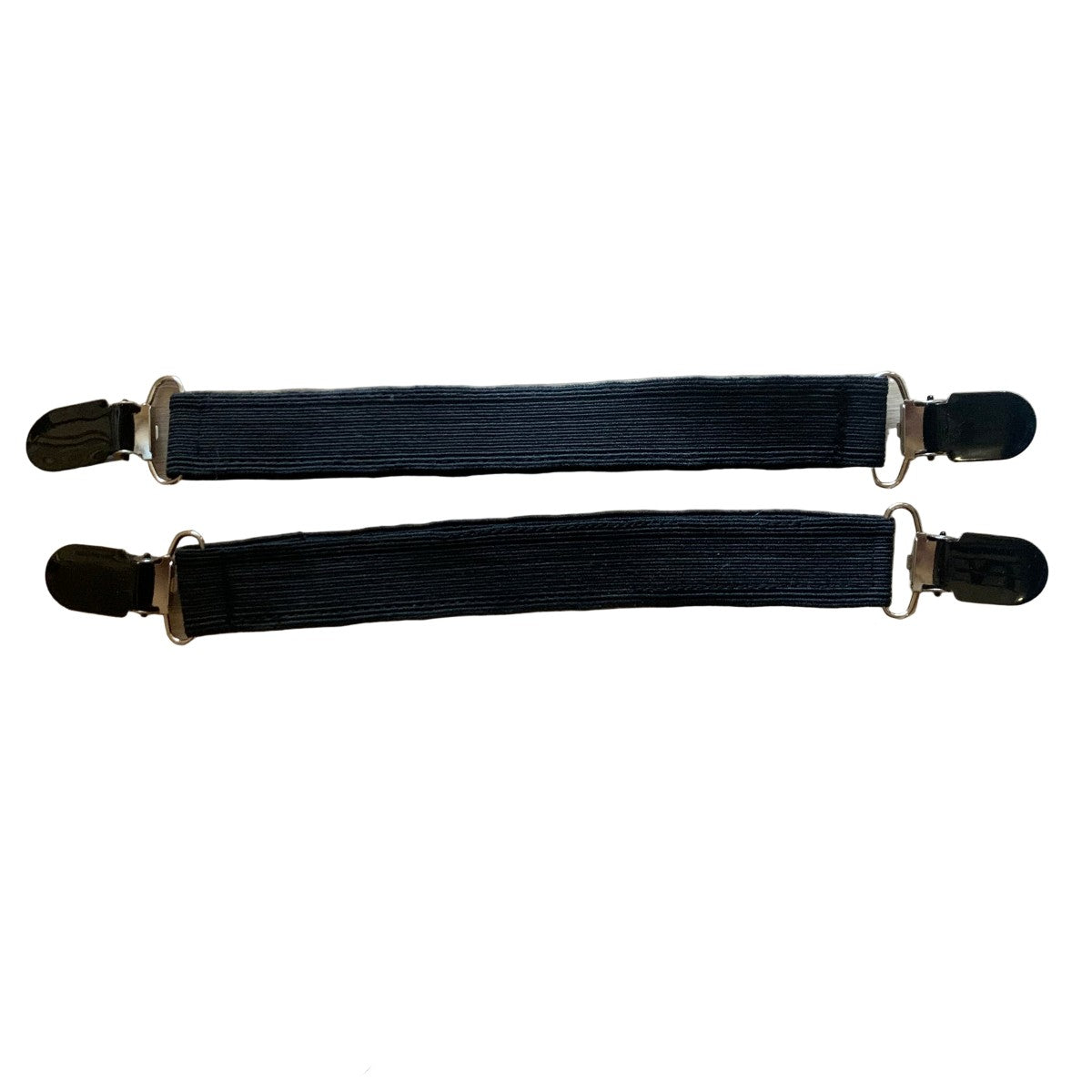 Two black elastic jodhpur clips with metal clamps on a white background