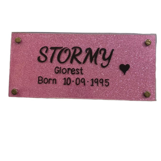 Pink glittery plaque with engraved text on a white background