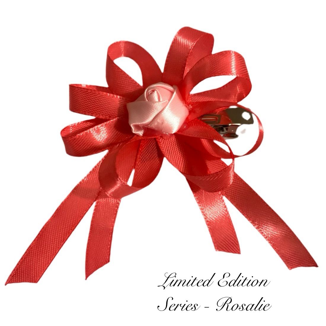 Pink bow with a pink rose centre on a white background, labeled 'Limited Edition Series - Rosalie'.