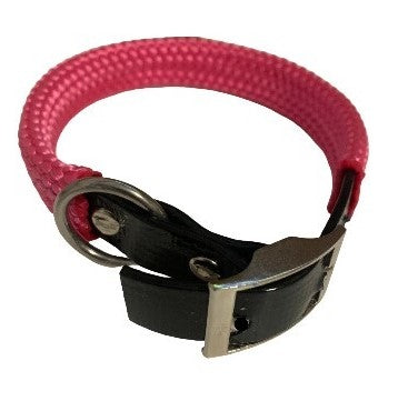 A pink PVC dog collar with a black pvc section and metal buckle.