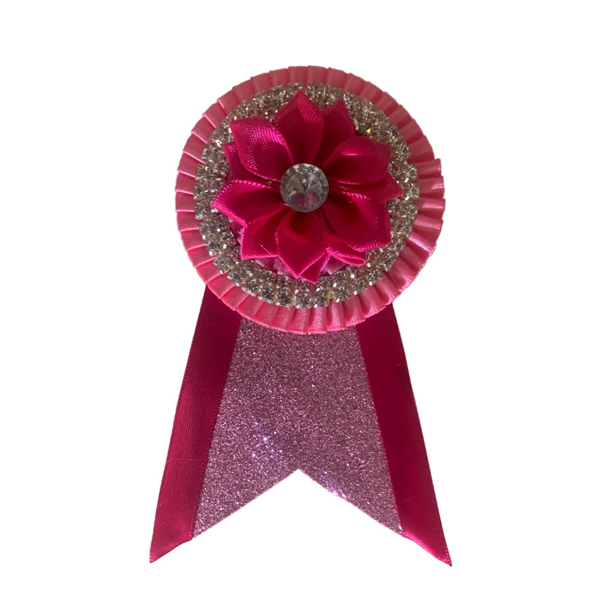 Pink removable rosette with faux leather and flower centre on a white background made by L'Equino Essentials