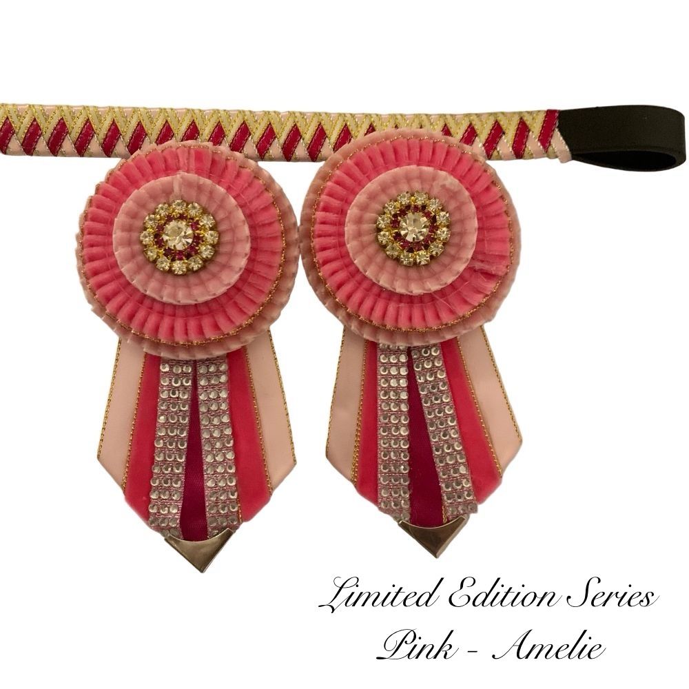 Diamond browband with pink rosettes and gold embellishments on a white background labeled 'limited edition series pink - Amelie'