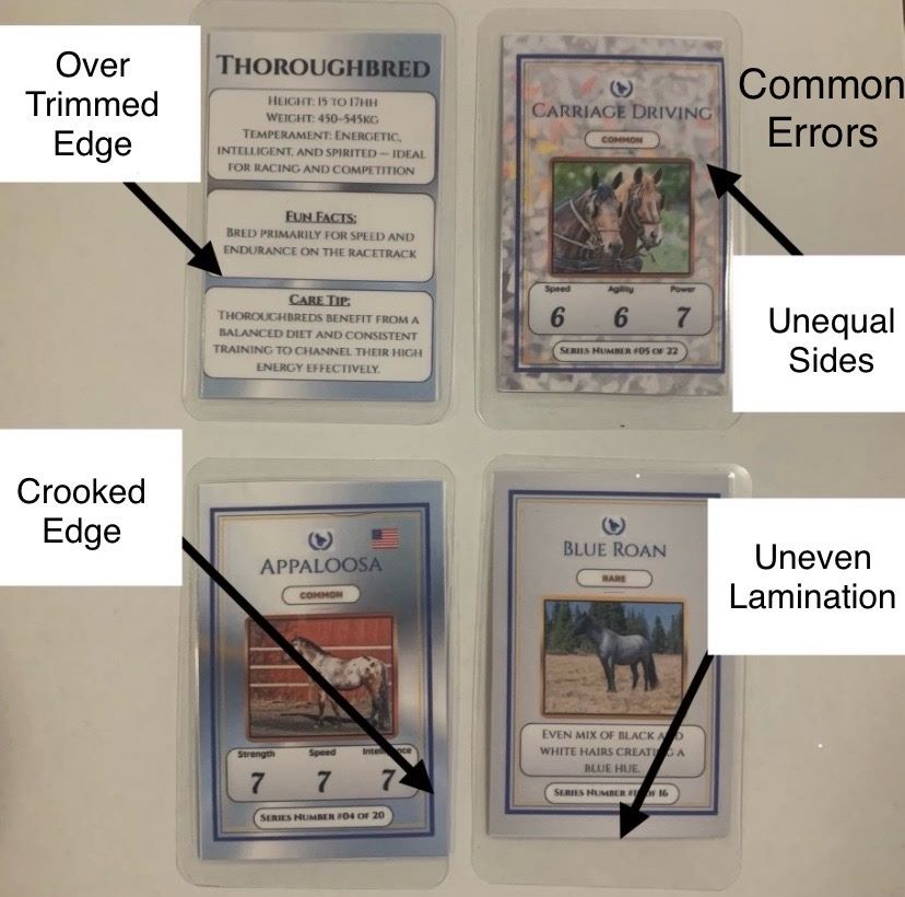 Four horse trading cards with various quality seconds labeled on a white background