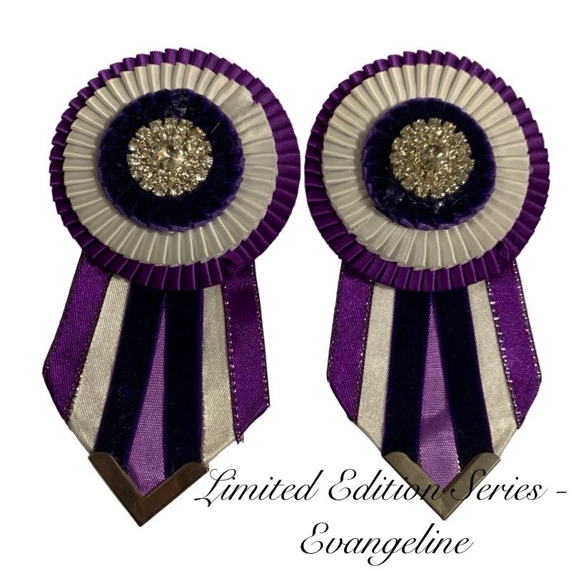 Two purple and white removable rosettes with decorative center on a white background, labeled 'Limited Edition Series - Evangeline' made by L'Equino Essentials