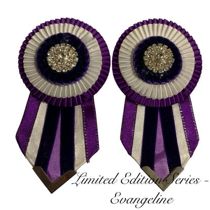 Two purple and white removable rosettes with decorative center on a white background, labeled 'Limited Edition Series - Evangeline' made by L'Equino Essentials