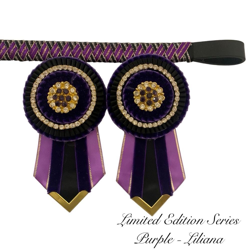 Purple and black ribbon browband with removable rosettes on a white background
