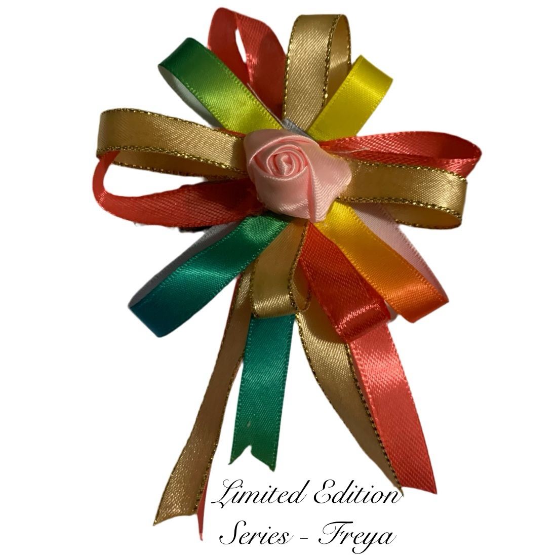 Colorful bow with a pink center on a white background, labeled 'Limited Edition Series - Freya'.