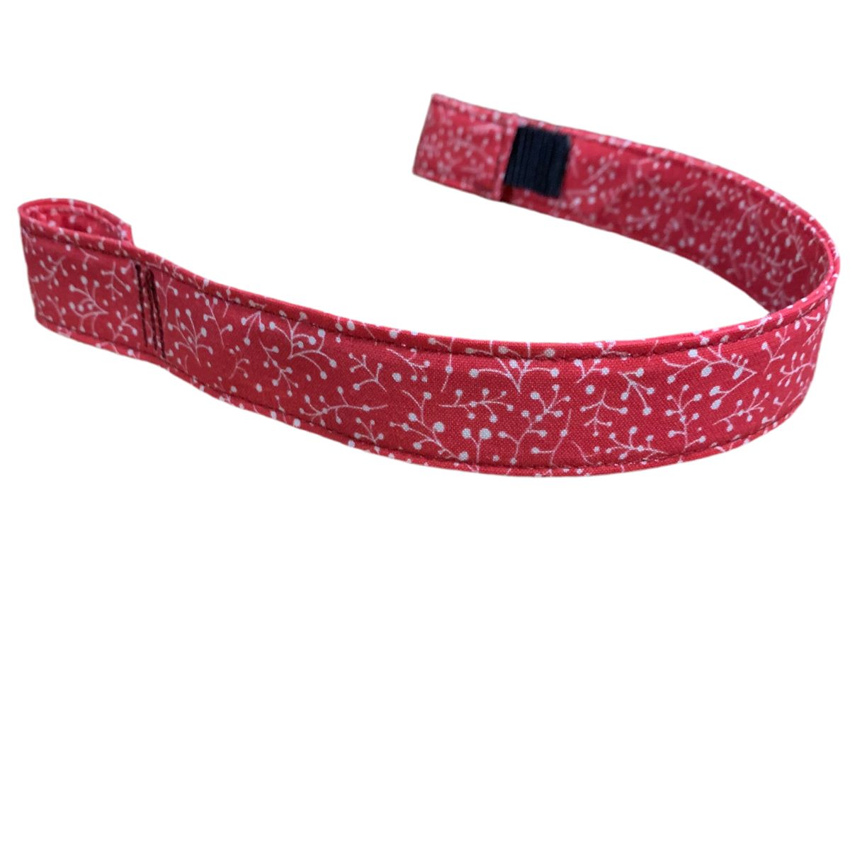 Red cotton browband with white floral pattern on a white background