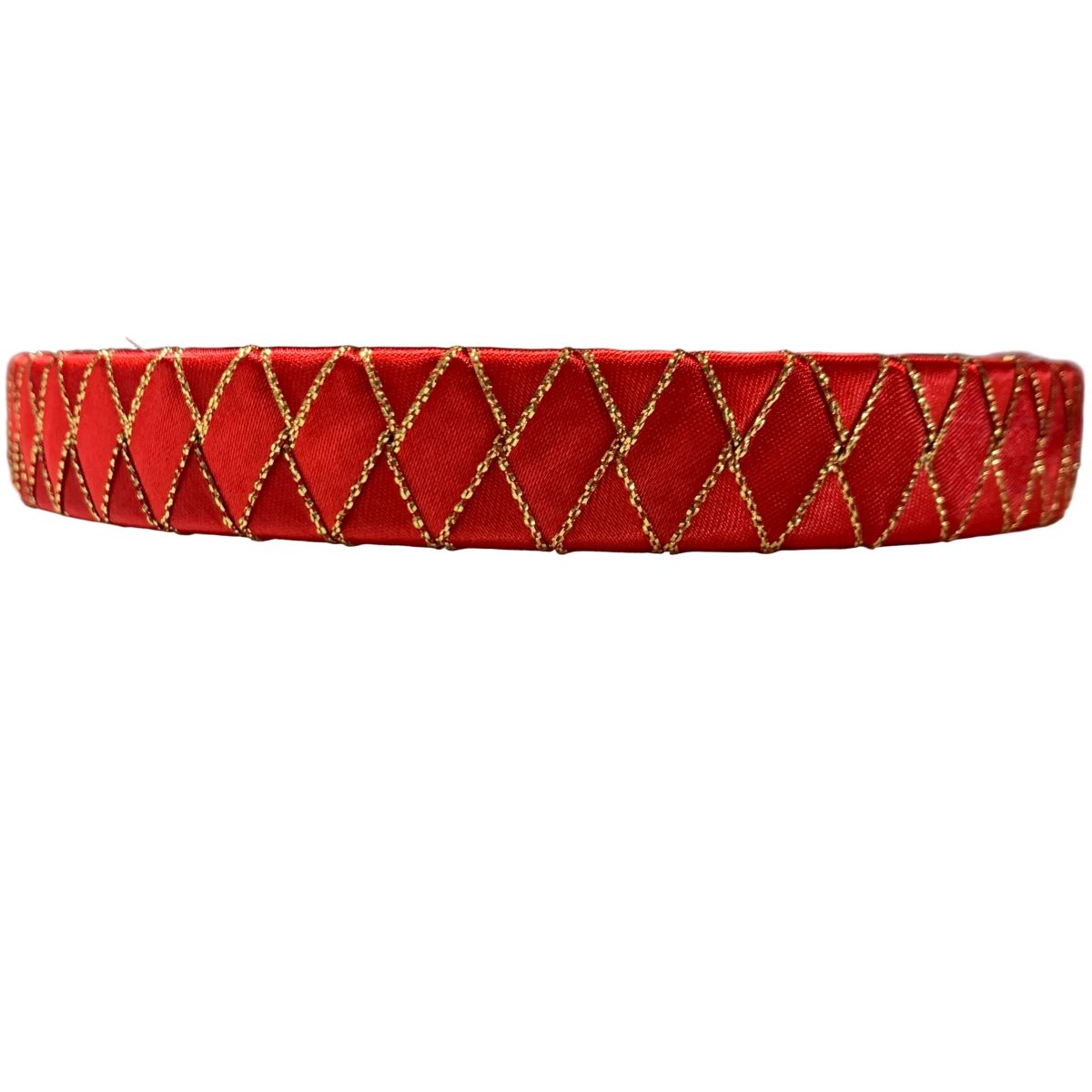 Red and gold braided ribbon horse browband on a white background
