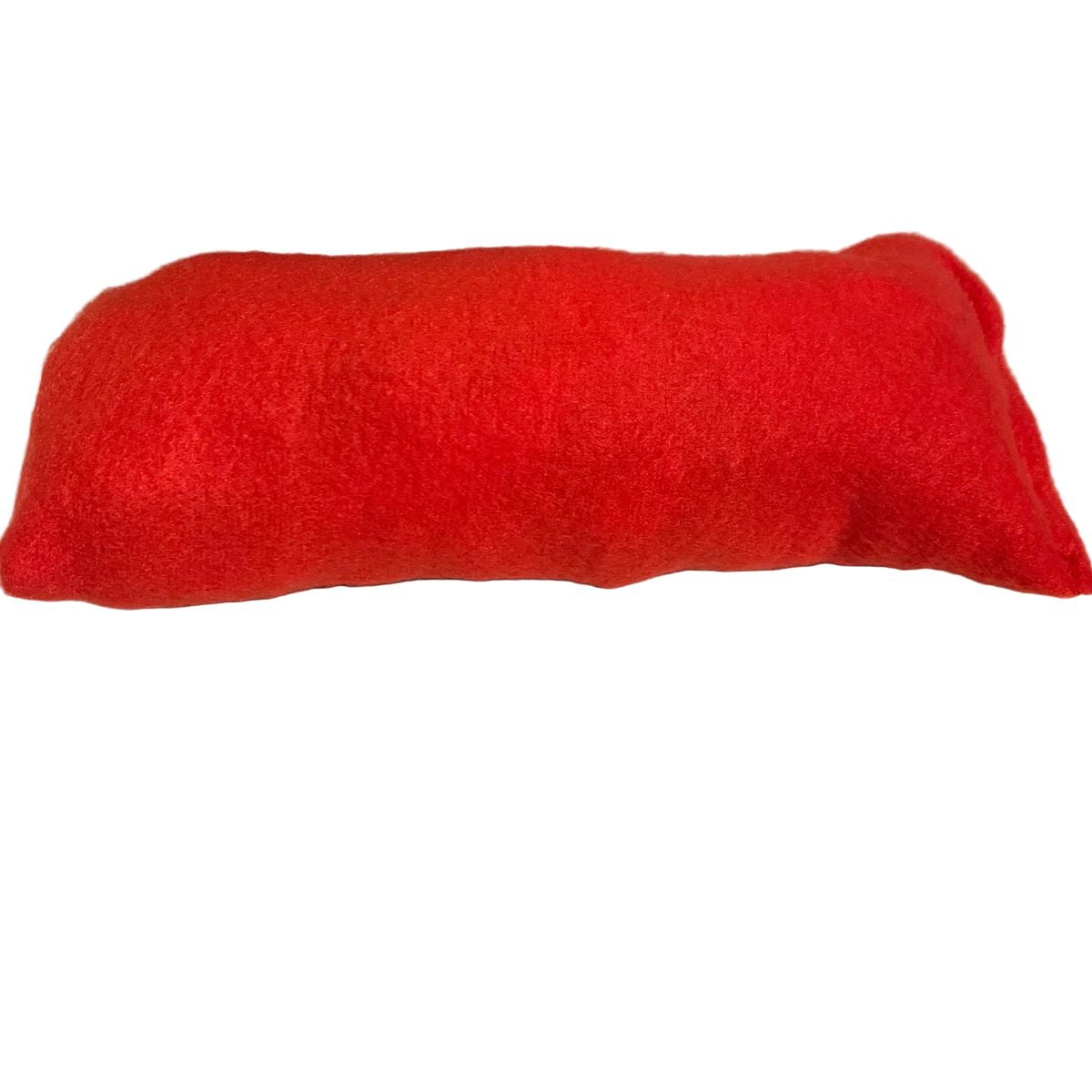 Red plush dog chew toy on a white background