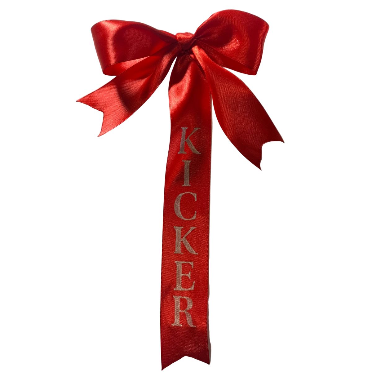 Red tail bow with 'Kicker' text on a white background made by L'Equino Essentials