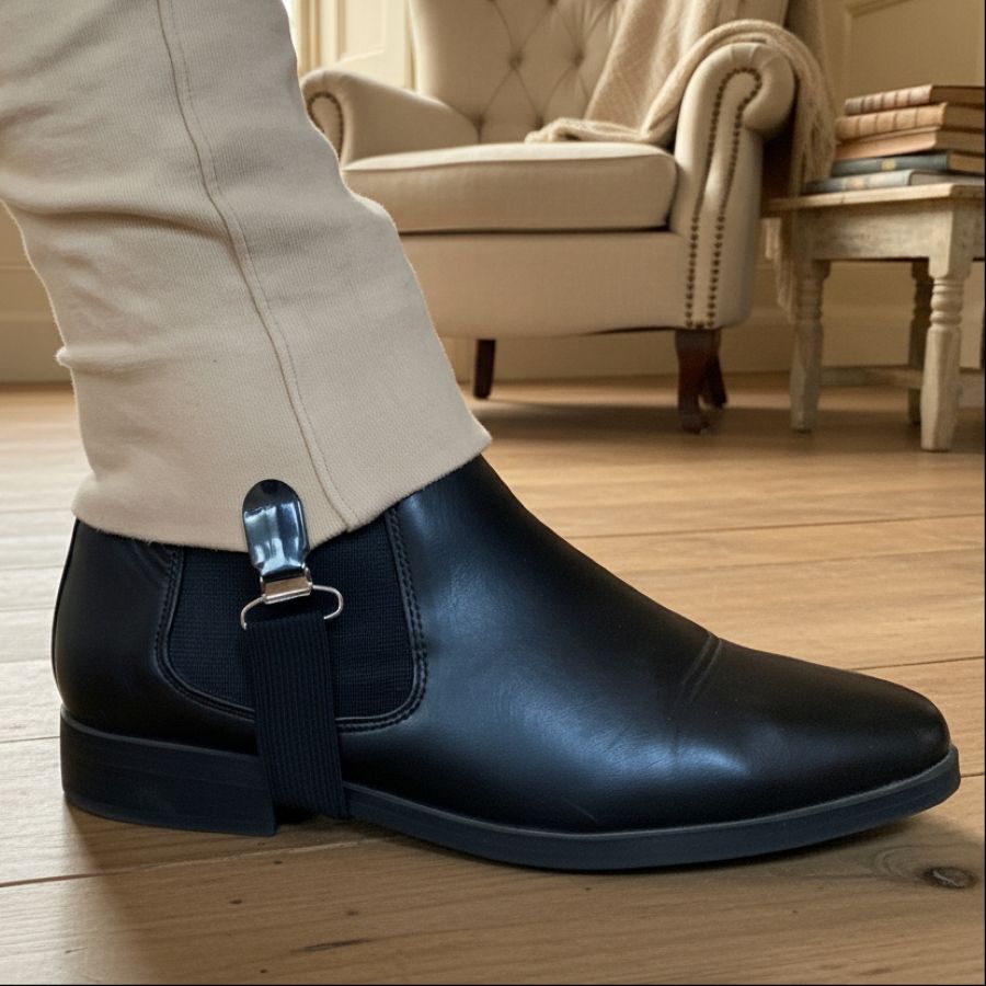 Black leather boot with a strap worn indoors on a wooden floor.