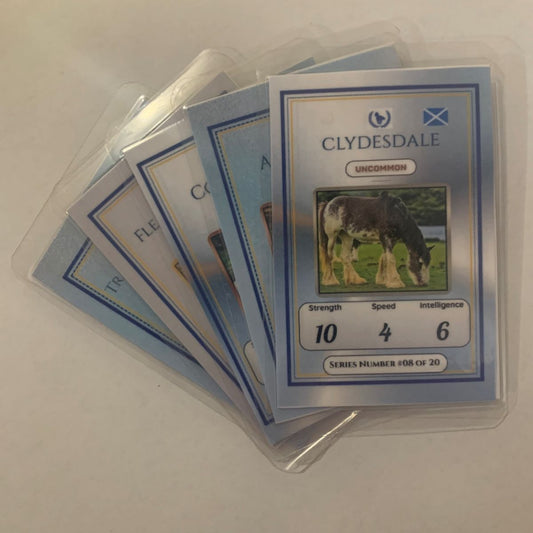 Trading card featuring a Clydesdale horse with attributes on a white background