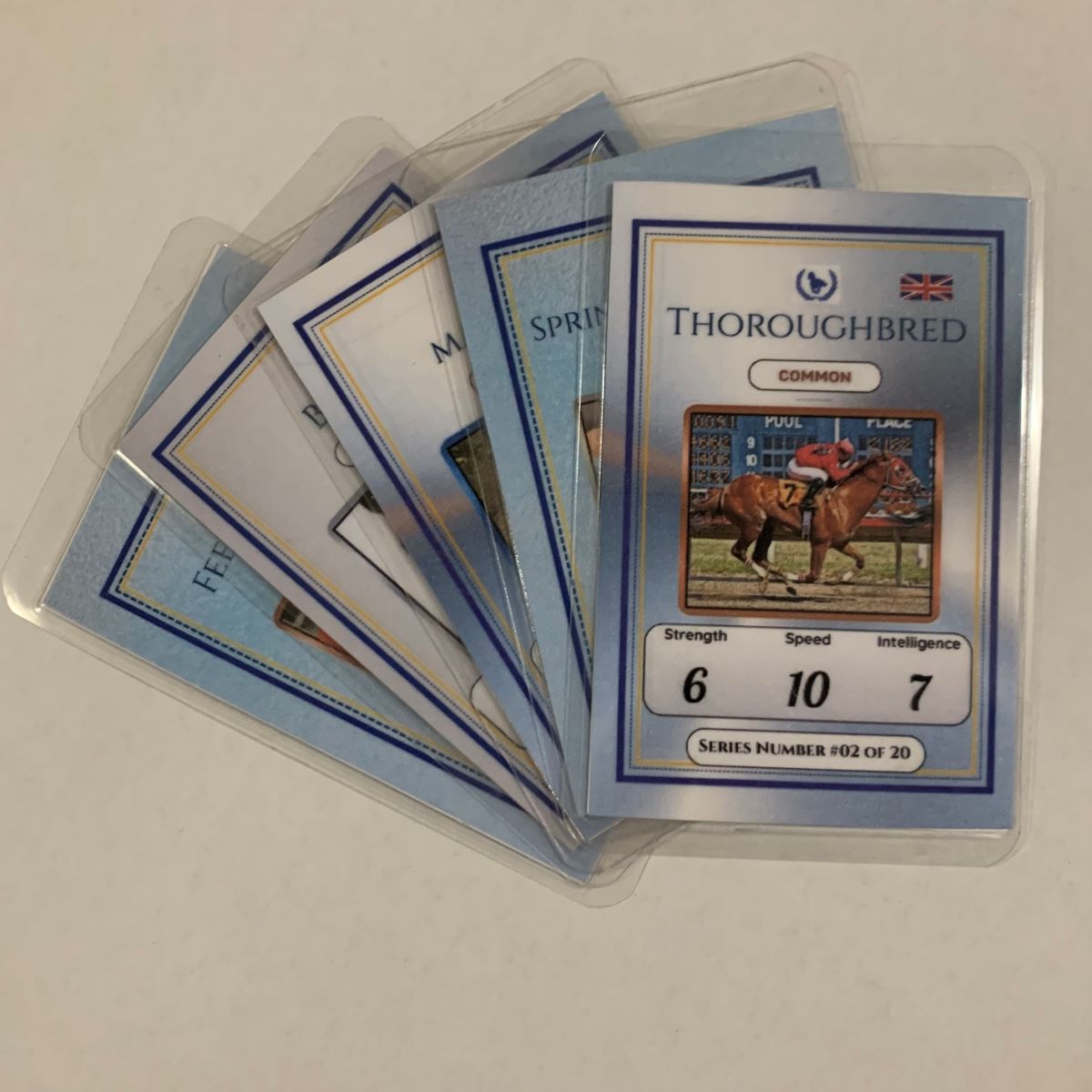 Collection of Thoroughbred trading cards on a white background