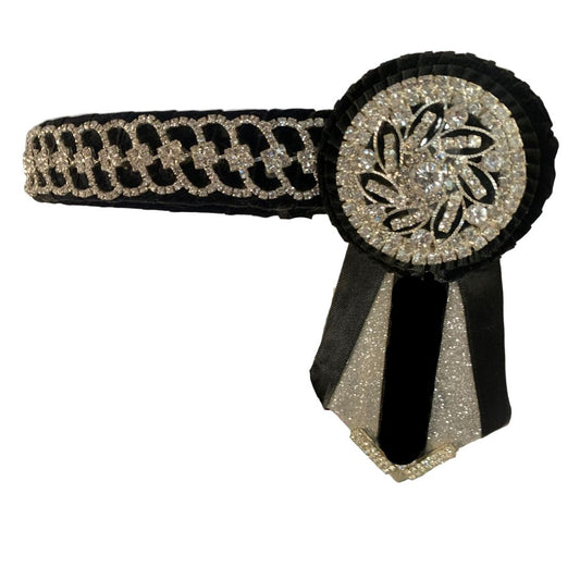Decorative browband with black and silver design on a white background made by L'Equino Essentials
