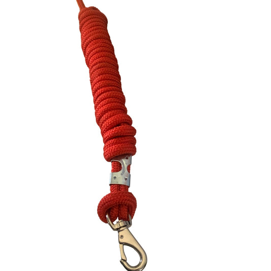 Red four meter lead rope with a metal clip on a white background