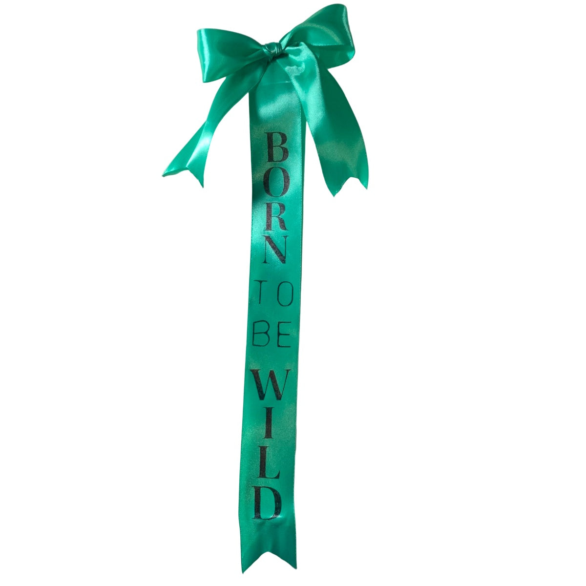 Turquoise ribbon with 'Born to Be Wild' text and a tail bow on a white background made by L'Equino Essentials