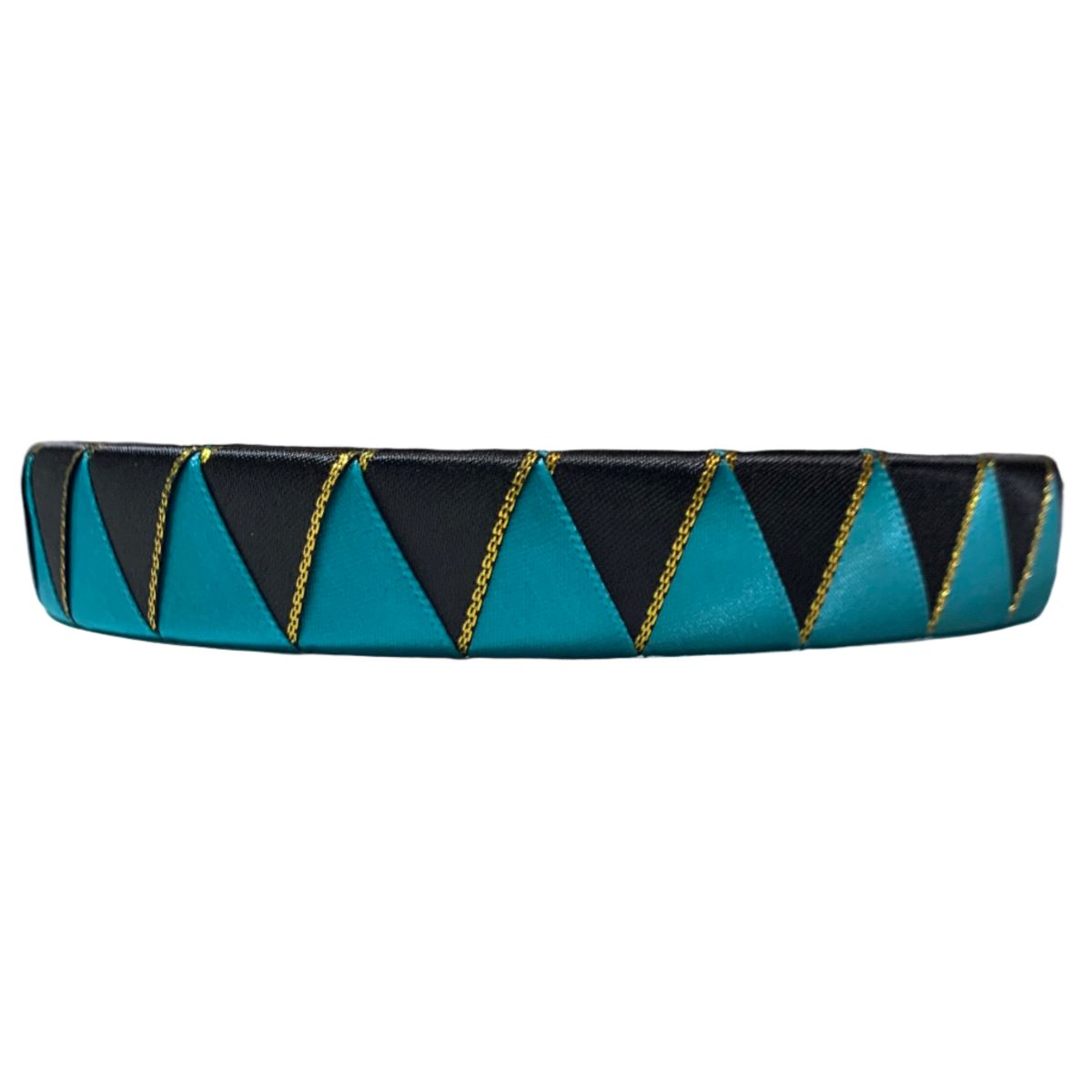 Turquoise shark tooth satin ribbon browband with gold accents on a white background